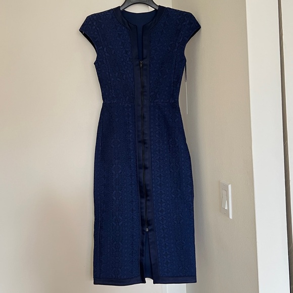 SCANLAN THEODORE Corded Lace and Silk Trim Shoulder Pad Midi Zip Dress NEW - US0 - Picture 1 of 11